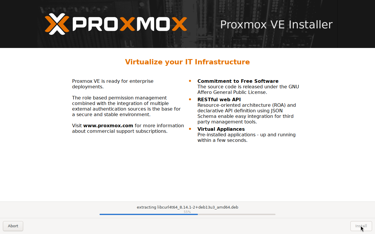 Proxmox VE Installer: Fortschrittsbalken während der Installation