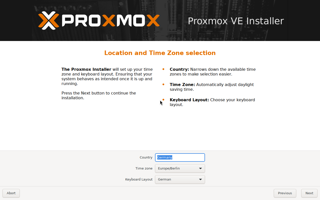 Proxmox VE Installer: Land Germany, Zeitzone Europe/Berlin und Tastaturlayout German