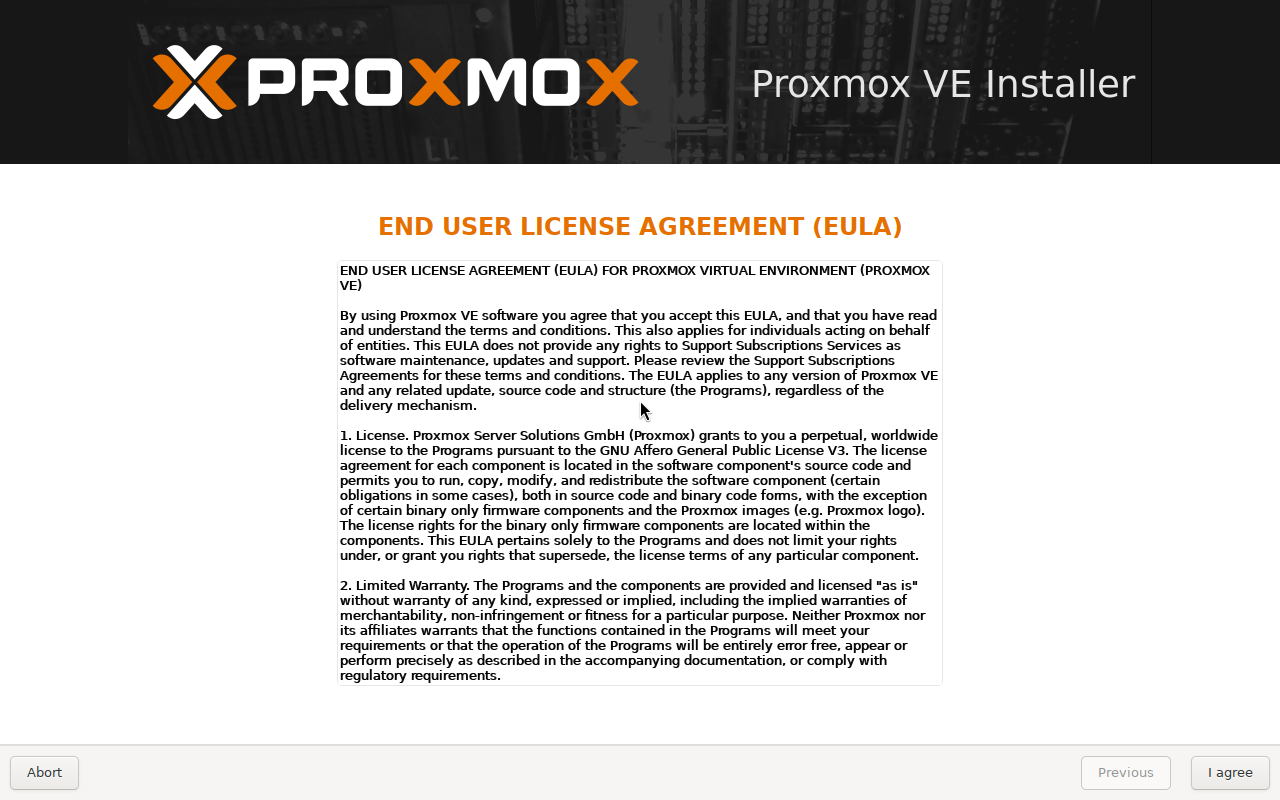 Proxmox VE Installer: Lizenzbedingungen (EULA) mit Schaltfläche I agree