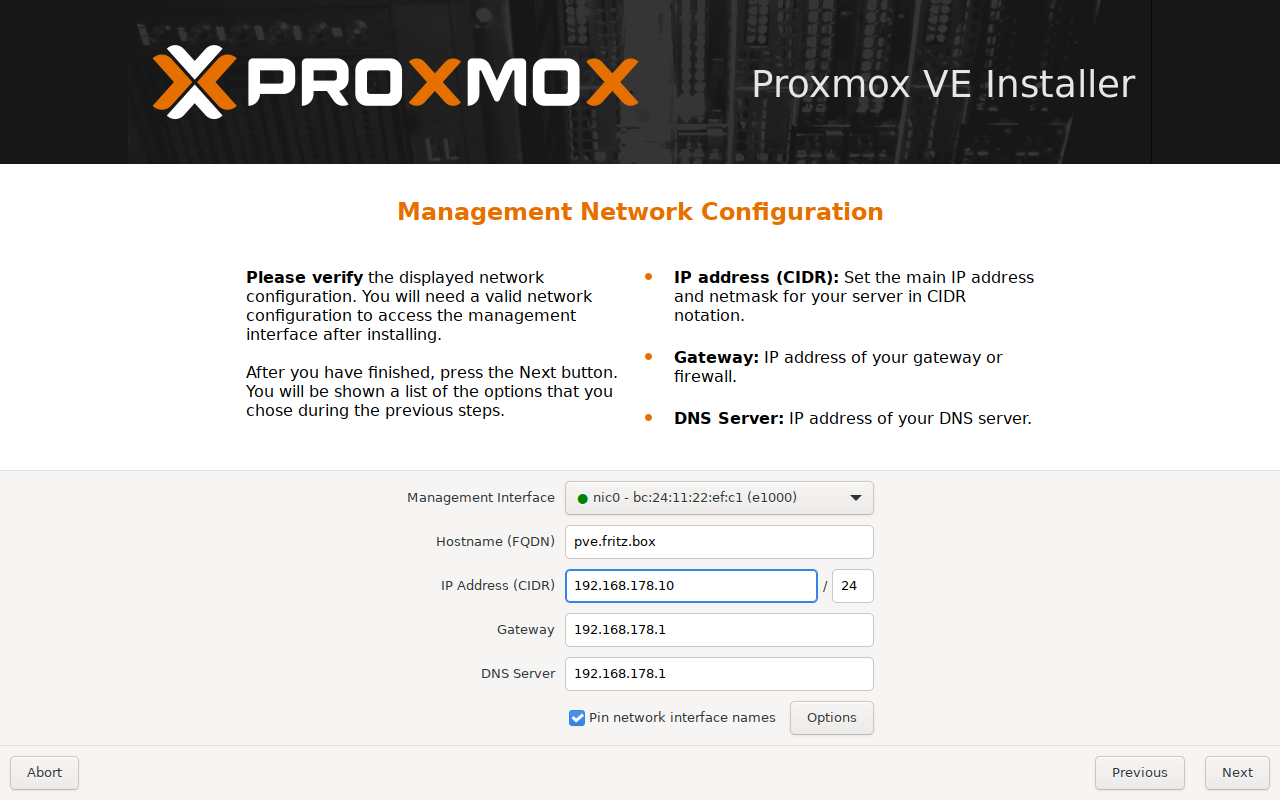 Proxmox VE Installer: Netzwerk mit Hostname pve.fritz.box, IP 192.168.178.10, Gateway und DNS 192.168.178.1