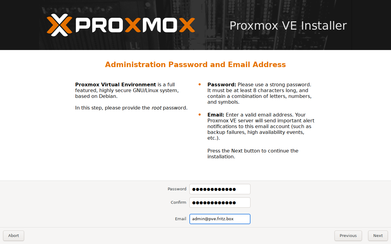 Proxmox VE Installer: Root-Passwort, Bestätigung und E-Mail-Adresse eintragen