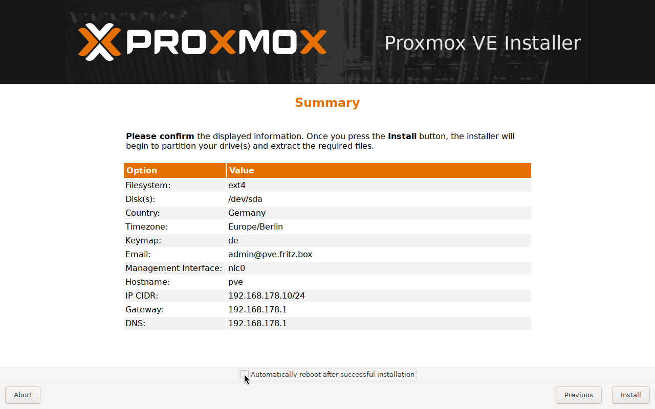 Proxmox VE Installer: Zusammenfassung aller Einstellungen vor der Installation