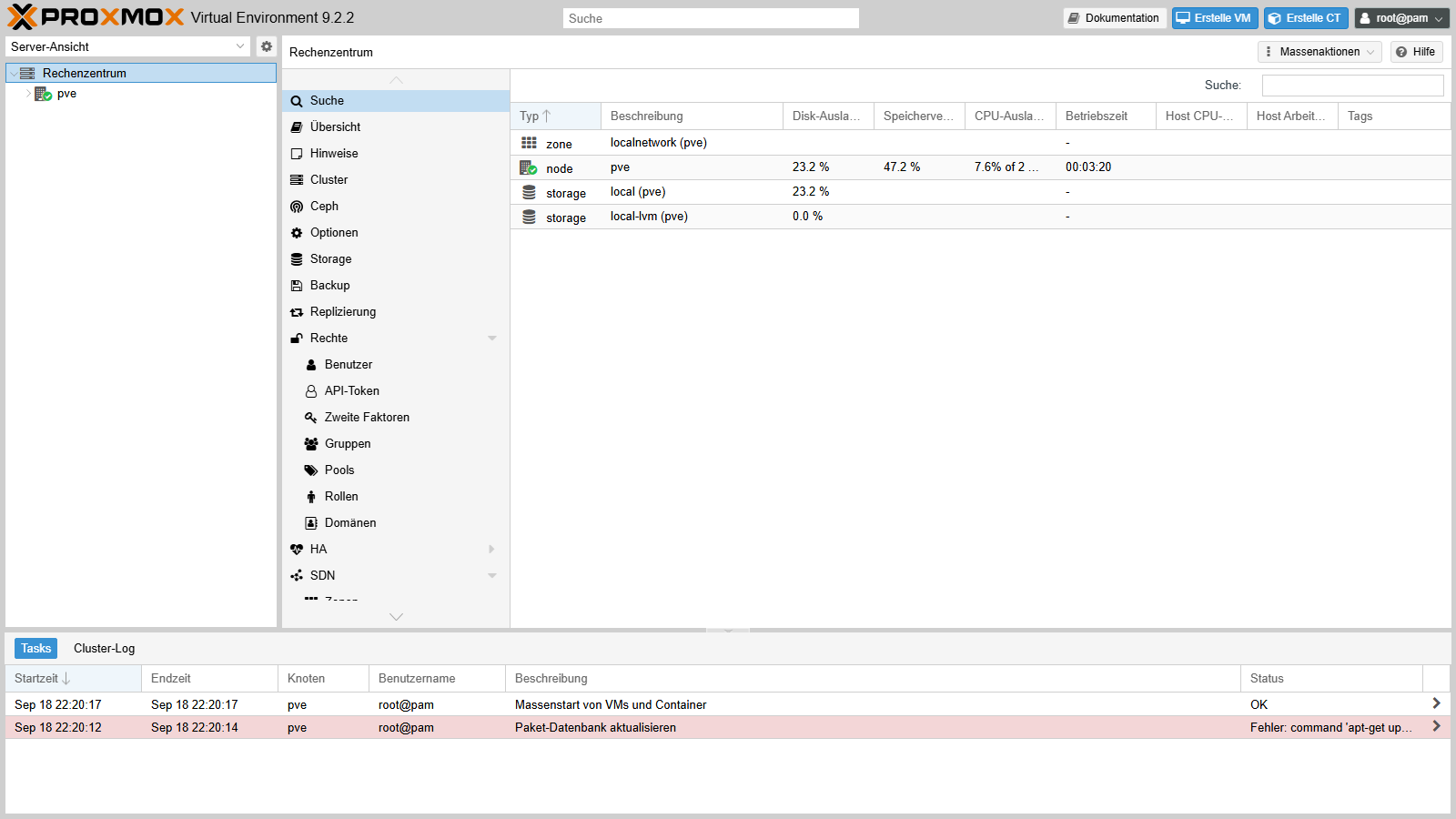 Proxmox VE 9.2 Weboberfläche auf Deutsch mit Rechenzentrum und Server pve