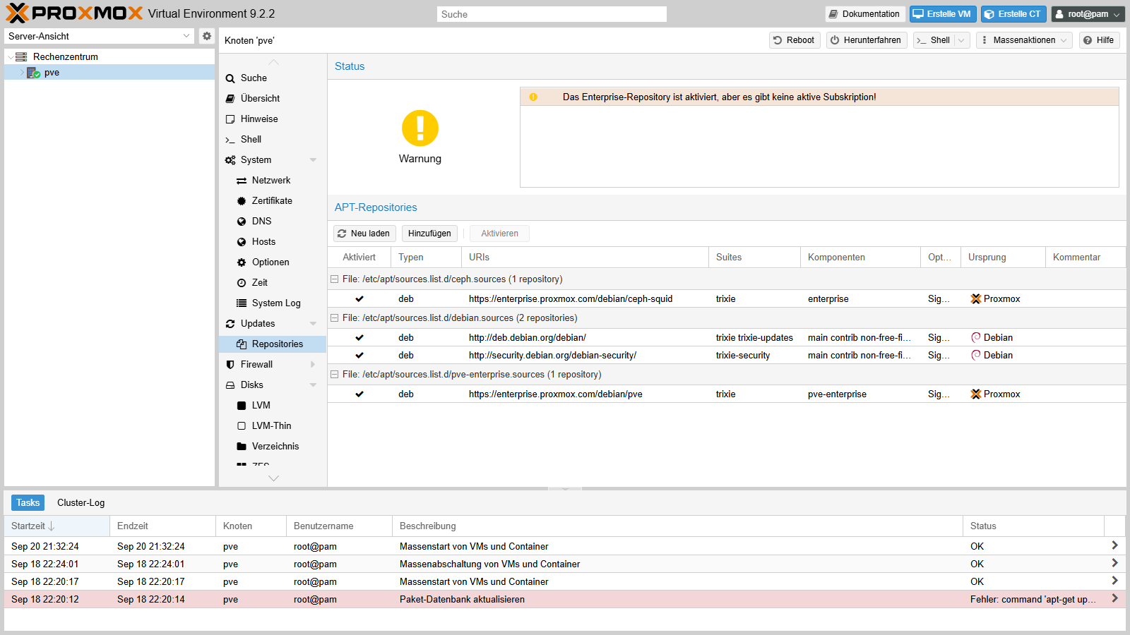 Knoten pve, Bereich Updates, Repositories mit der Liste der eingetragenen Paketquellen und gelber Warnung