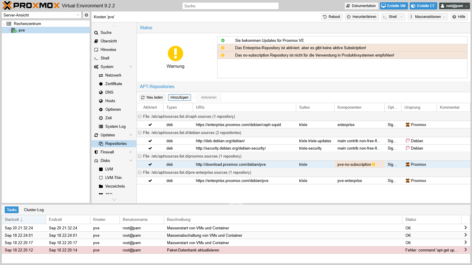 Repositories-Liste mit neu hinzugefügter No-Subscription-Quelle und grünem Status Sie bekommen Updates