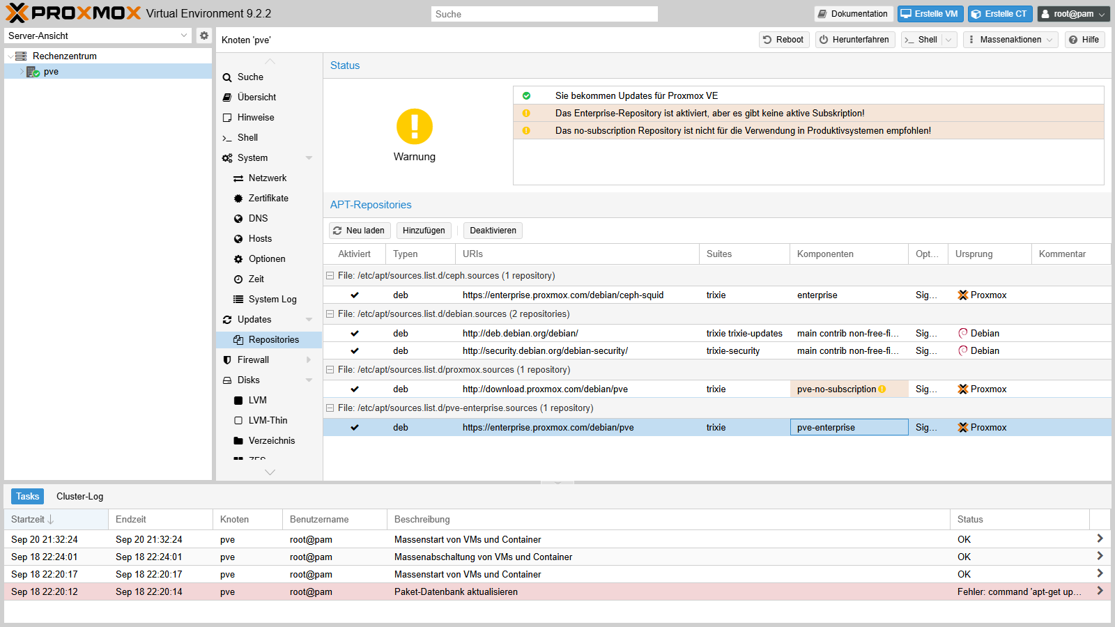 Repositories-Liste mit markierter Zeile pve-enterprise und der Schaltfläche Deaktivieren