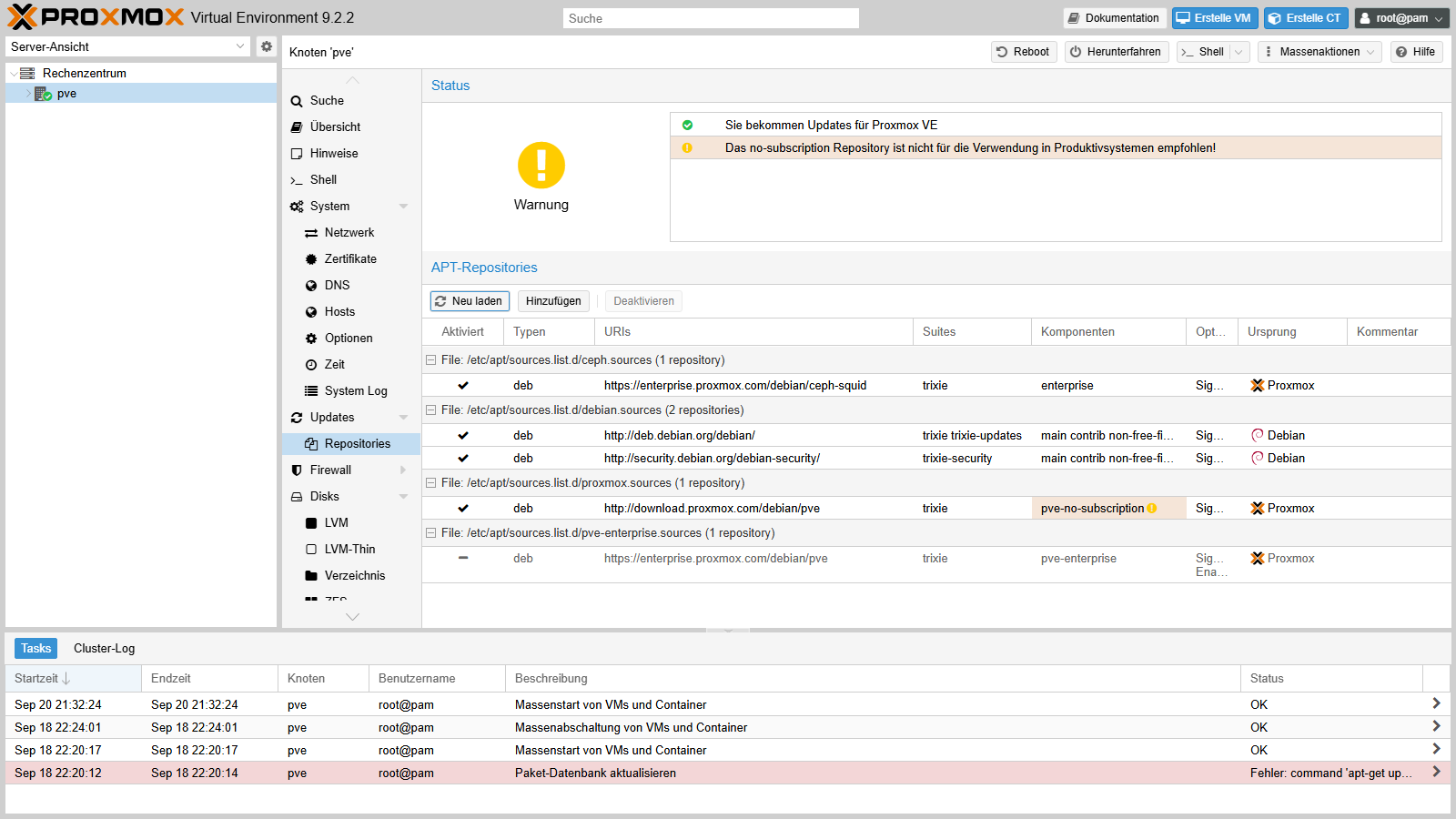 Repositories-Liste, pve-enterprise ist ausgeschaltet, oben grüner Status und gelber Hinweis zur No-Subscription-Quelle
