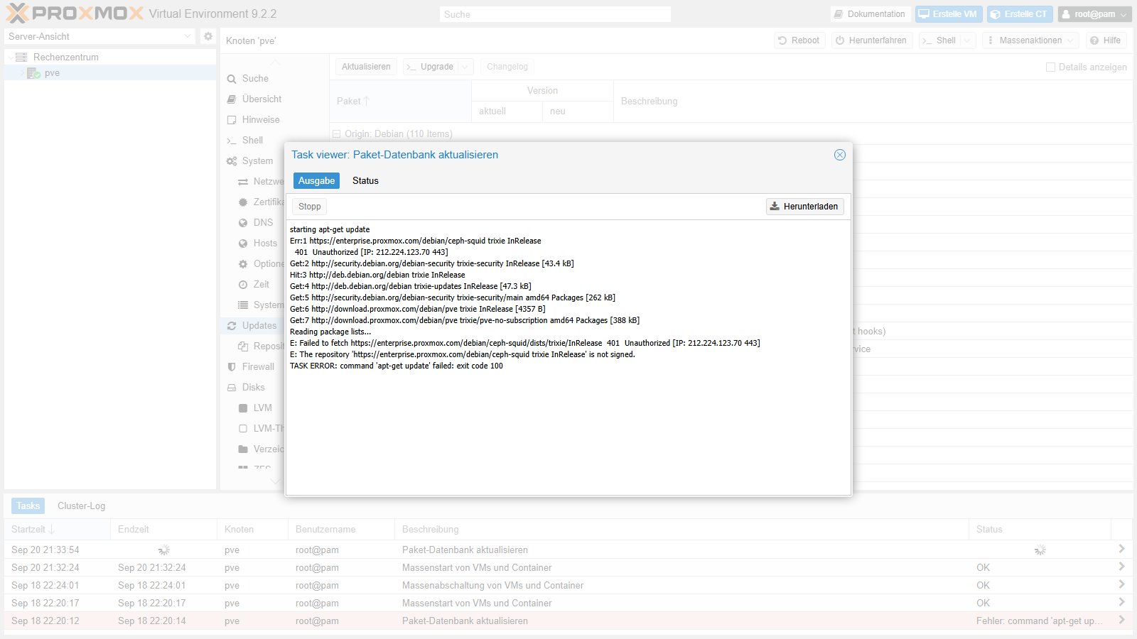 Fenster Task viewer mit Fehler 401 Unauthorized für enterprise.proxmox.com ceph-squid und TASK ERROR