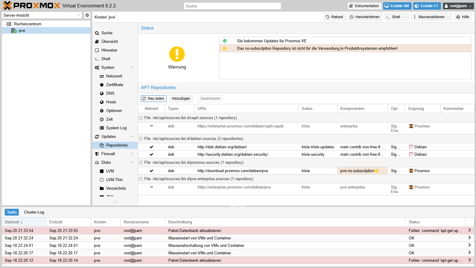 Repositories-Liste mit ausgeschalteten Enterprise-Zeilen und aktiver No-Subscription-Quelle