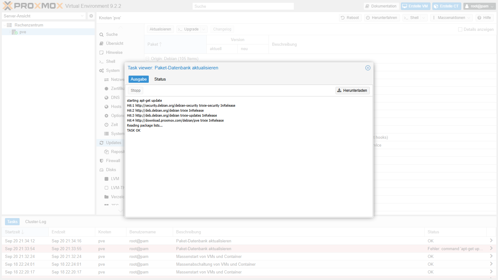 Fenster Task viewer Paket-Datenbank aktualisieren mit Protokoll und TASK OK