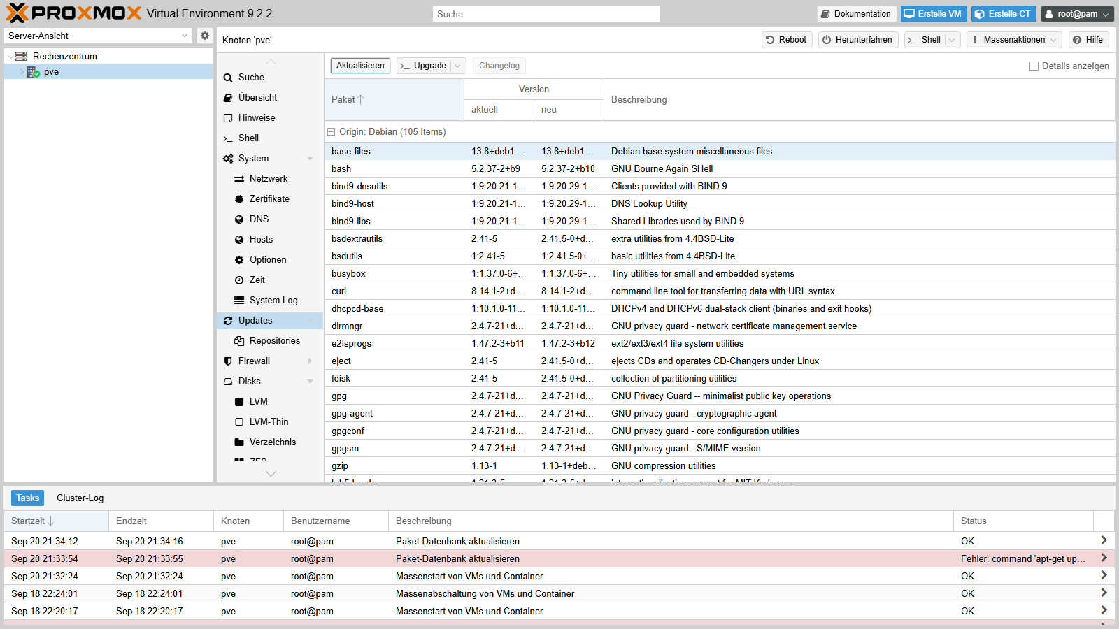 Bereich Updates mit Liste der verfügbaren Pakete und den Schaltflächen Aktualisieren, Upgrade und Changelog