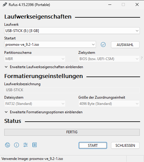 Rufus 4.15 Hauptfenster mit ausgewähltem USB-Stick und Proxmox-VE-ISO