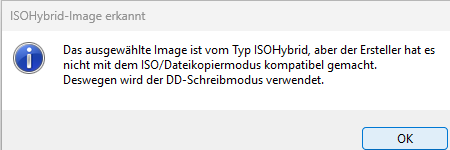 Rufus-Hinweis: ISOHybrid-Image erkannt, der DD-Schreibmodus wird verwendet