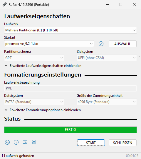 Rufus meldet FERTIG mit grünem Balken, Laufwerksbezeichnung PVE